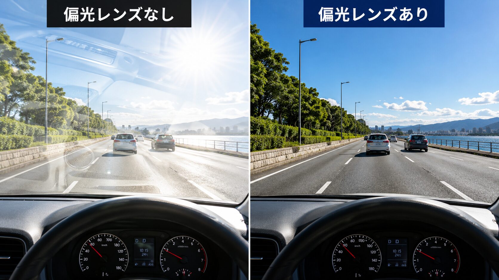 偏向レンズありとなしの視界比較AIイメージ画像